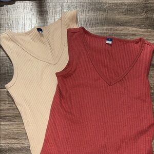 Old Navy Ribbed V-Neck Sleeveless Tops - Red and Beige